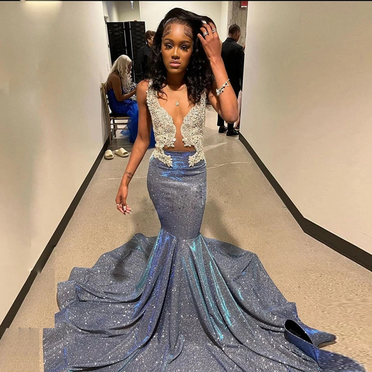 Glitter Blue Sequins Mermaid Prom Dresses for Graduation Party Sheer Mesh Top Birthday Gowns Sweep Train Vestidos De Novia