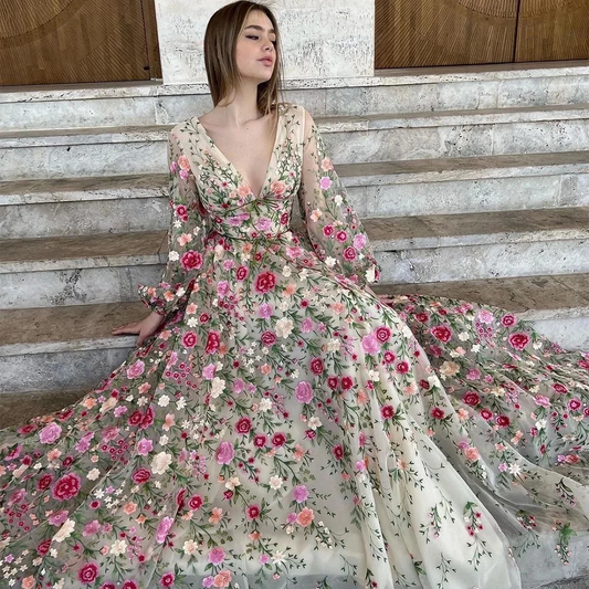 Custom Elegant Floral Tulle Prom Dresses Long Sleeves V-Neck Lace Appliques A-Line Evening Gown Formal Party Dress