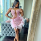 pink Short Prom Dress For Black Girls 2024 Beaded Evening Gown Feathers Birthday Party Gowns Mermaid Robe De Bal Aso Ebi