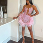 pink Short Prom Dress For Black Girls 2024 Beaded Evening Gown Feathers Birthday Party Gowns Mermaid Robe De Bal Aso Ebi