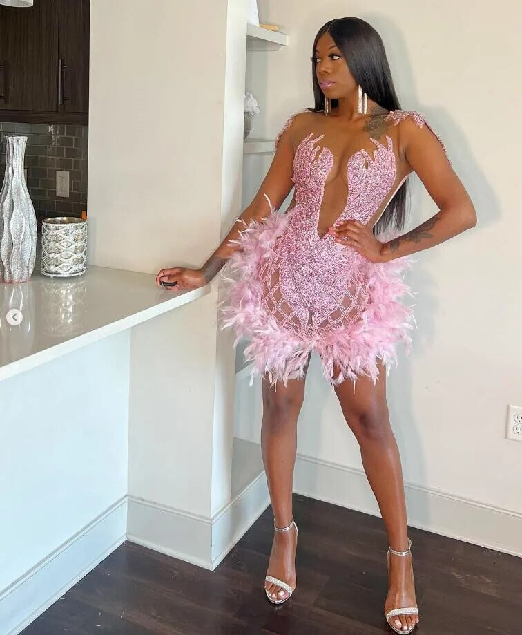 pink Short Prom Dress For Black Girls 2024 Beaded Evening Gown Feathers Birthday Party Gowns Mermaid Robe De Bal Aso Ebi