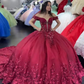 Burgundy Saprkly Quinceanera Dresses Off Shoulde Princess Boning Applique Crystal vestidos de quinceañera Sweet 15 Prom