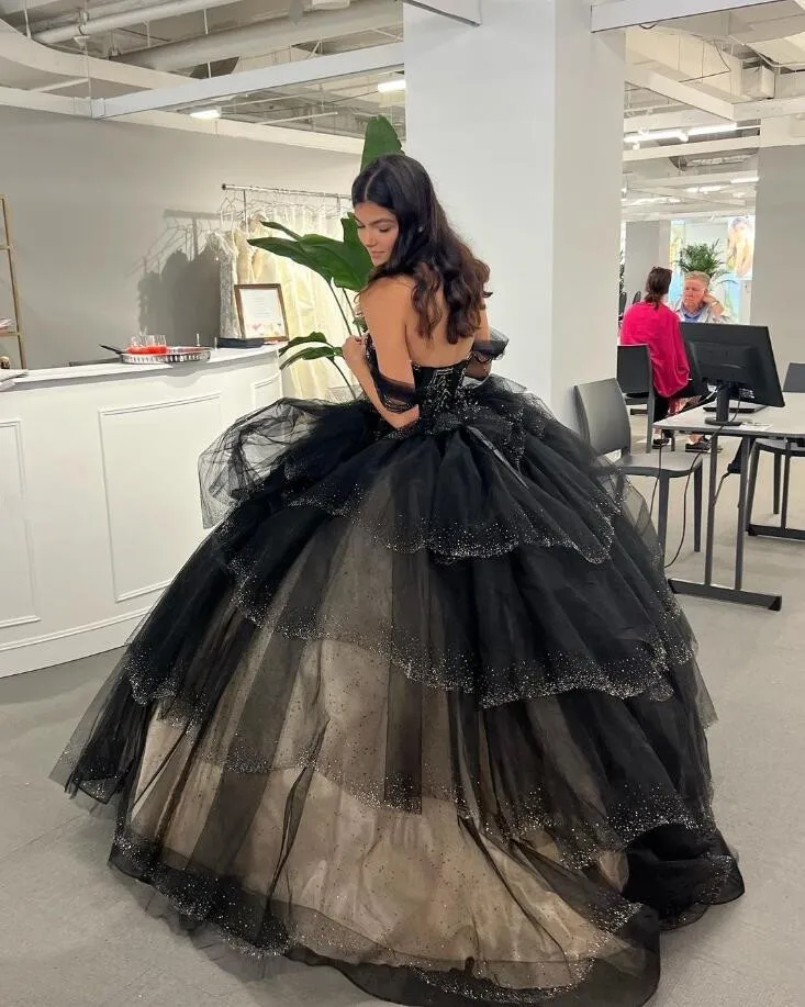 Black Gothic Princess Quinceanera Dresses Off Shoulder Sparkly Crystal Layers Skirt Corset vestido para 15 años adolecentes