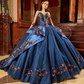 Mexican Navy blue Quinceanera Dresses long sleeve Flowers Lace Appliques Rhinestones Sweet 16 Dress Vestido De 15 Anos lace up