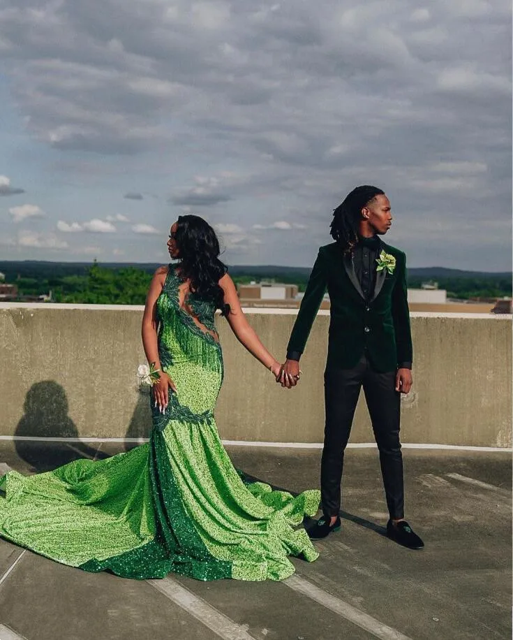 Emerald Green Trumpet Evening Formal Dress for Women Sparkly Crystal Black girl Couple Birthday Homecoming gown Velvet