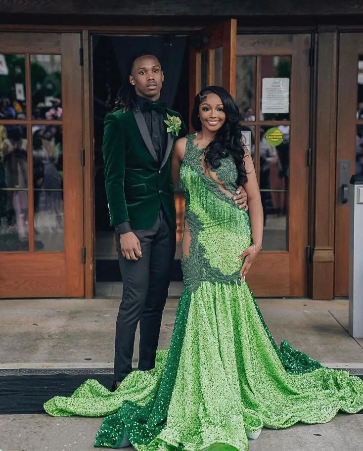 Emerald Green Trumpet Evening Formal Dress for Women Sparkly Crystal Black girl Couple Birthday Homecoming gown Velvet