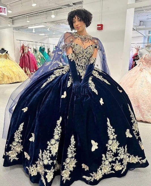 Navy Blue Ball Gown Quinceanera Dresses 2024 With Cape velvet Appliques Beads Sweet 16 Dress Vestidos De 15 Anos Lace-Up