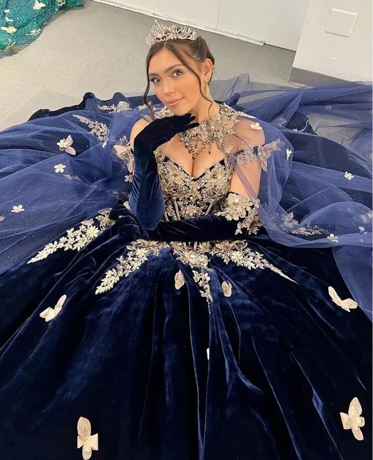 Navy Blue Ball Gown Quinceanera Dresses 2024 With Cape velvet Appliques Beads Sweet 16 Dress Vestidos De 15 Anos Lace-Up