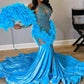 Legend Blue Velvet Feathers Mermaid Golden Crystal Beading Prom Dresses Luxury Designer Party Black Girls Bespoke robe de bal