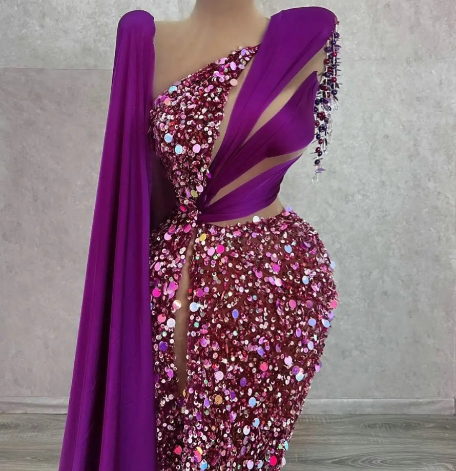 Purple Sparkle Sequins Long Mermaid Evening Dresses for Black Girls Sexy One Shoulder Beading Tassels Wedding Party Prom Gowns