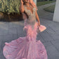 Rose Pink Feathers Rhinestone Sequin Black Girl Prom Dresses Mermaid Elegant Dress For Wedding Party See Through Sexy African