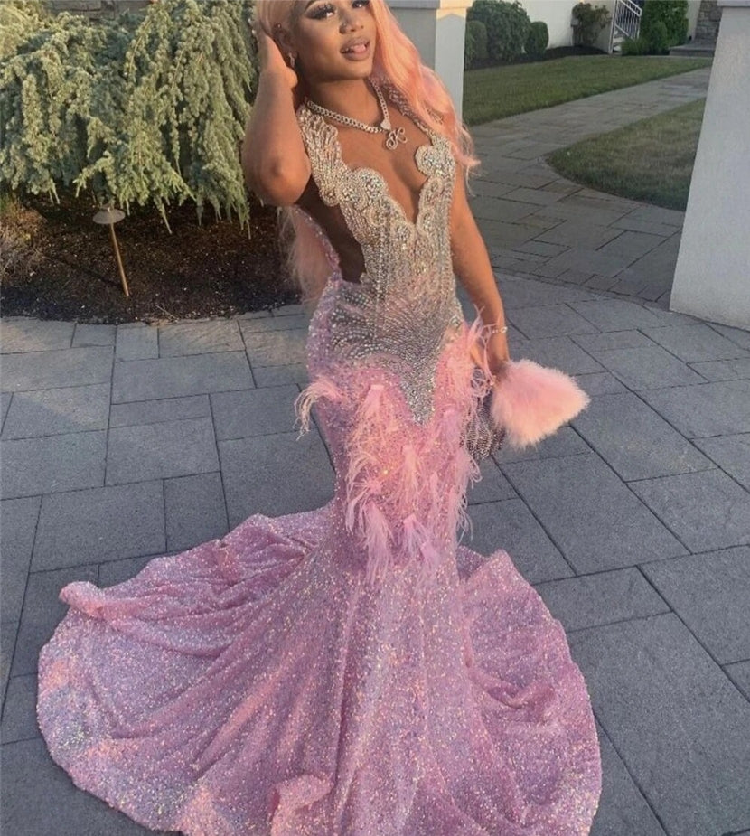 Rose Pink Feathers Rhinestone Sequin Black Girl Prom Dresses Mermaid Elegant Dress For Wedding Party See Through Sexy African