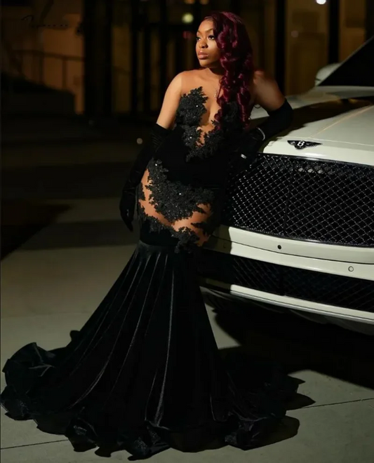 Sexy Black Lace Applique Mermaid Black Girl Prom Dress Velvet Beads Sheer Graduation Formal Party Evening Gowns