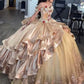 Princess Mexico 2024 Champagne Gold Quinceanera Dresses Off The Shoulder Satin Ruffels Ball Gown Sweet 16 Dresses vestidos