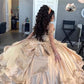 Princess Mexico 2024 Champagne Gold Quinceanera Dresses Off The Shoulder Satin Ruffels Ball Gown Sweet 16 Dresses vestidos