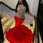 Red Velvet V Neck Long Prom Dress For Black Girls 2024 Beaded Birthday Party Dresses Mermaid Evening Gowns Robe De Bal