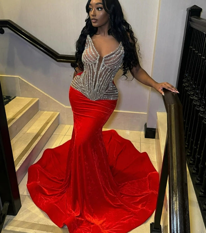 Red Velvet V Neck Long Prom Dress For Black Girls 2024 Beaded Birthday Party Dresses Mermaid Evening Gowns Robe De Bal