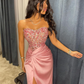 Modern Sequin Strapless Prom Dresses with Sleeveless Floor Length Mermaid Satin Formal Dress with Slit vestido de gala