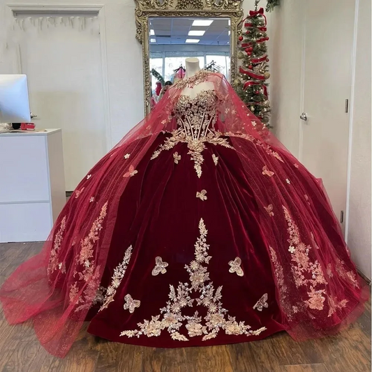 Burgundy Off-Shoulder Quinceanera Dresses With Cape Vestidos De 15 Anos 3D Lace Masquerade Birthday Party Gowns