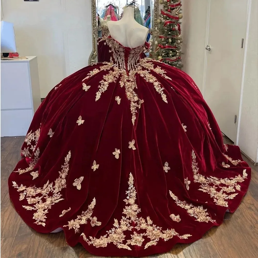 Burgundy Off-Shoulder Quinceanera Dresses With Cape Vestidos De 15 Anos 3D Lace Masquerade Birthday Party Gowns