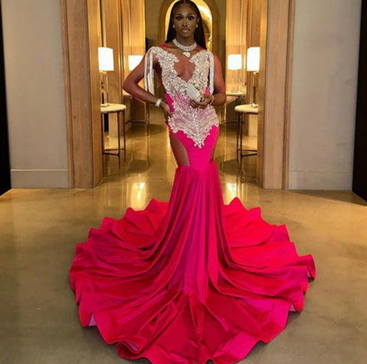 Hot Pink Fitted Prom Dress Long Luxury Silver Tassels Crystal Rhinestone Mermaid Prom Dress For Black Girl