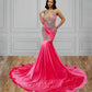 Hot Pink Velvet Rhinestone Luxury Prom Dress 2024 For Black Girls African Mermiad Birthday Party Dress Sexy vestido de gala