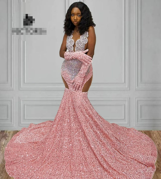 Pink Velvet Sequin Rhinestone Luxury Prom Dress 2024 For Black Girls With Gloves African Mermiad Birthday Party Dress vestido