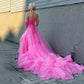 Sexy Off Shoulder فساتين سهره فاخره2023 Pink Tulle Back Straps Prom Dresses Elegantly Long Sweep Tail Vestidos De Noche