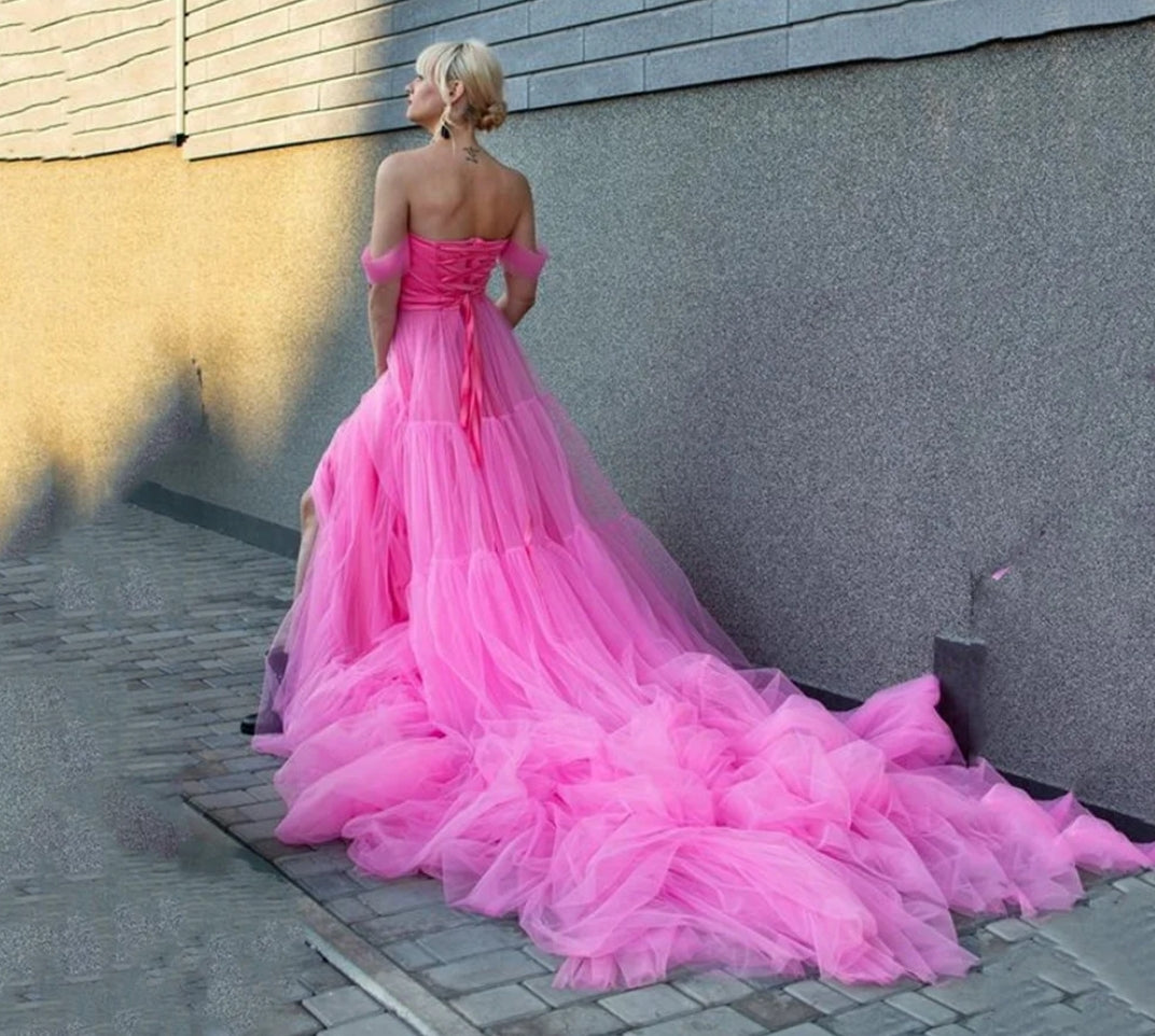 Sexy Off Shoulder فساتين سهره فاخره2023 Pink Tulle Back Straps Prom Dresses Elegantly Long Sweep Tail Vestidos De Noche