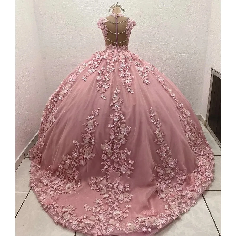 Pink 3D Flowers Quinceanera Dresses Luxury Pearls Beading Appliques Vestidos De 15 Anos Birthday Party Princess