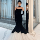 Vintage Long Strapless Satin Evening Dresses With Gloves Mermaid Black Tulle Pleated Sweep Train Formal Party Dress for Women