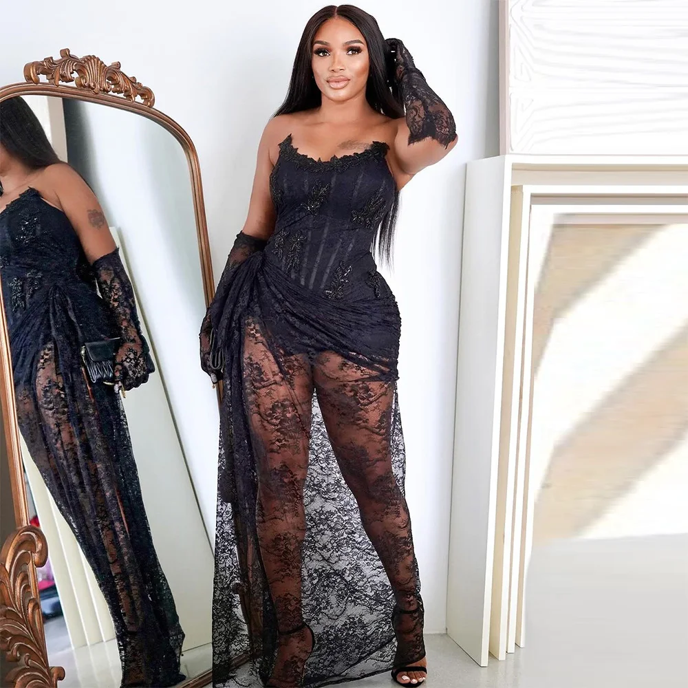 Sexy Black Lace Appliques Mermaid Prom Dresses for Black Girls Side Split Birthday Party Dress Illusion Evening Gown