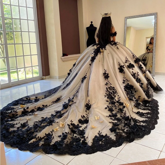 Luxury Black Ball Gown Quinceanera Dress 2024 Off Shoulder Long Train Sweet 15 16 Year Birthday Party Real Vestidos De XV Años