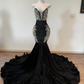 Saprkly Long Trumpet Evening Formal Dresses for Women Black Velvet Corset Crystal Applique Prom Birthday Reception Dress