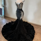 Saprkly Long Trumpet Evening Formal Dresses for Women Black Velvet Corset Crystal Applique Prom Birthday Reception Dress