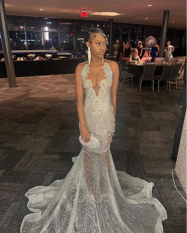 Silver Diamond Sparkly Evening Formal Dresses for Black Girl Luxury Gillter Diamond See Through Prom Gala Birthday Dress