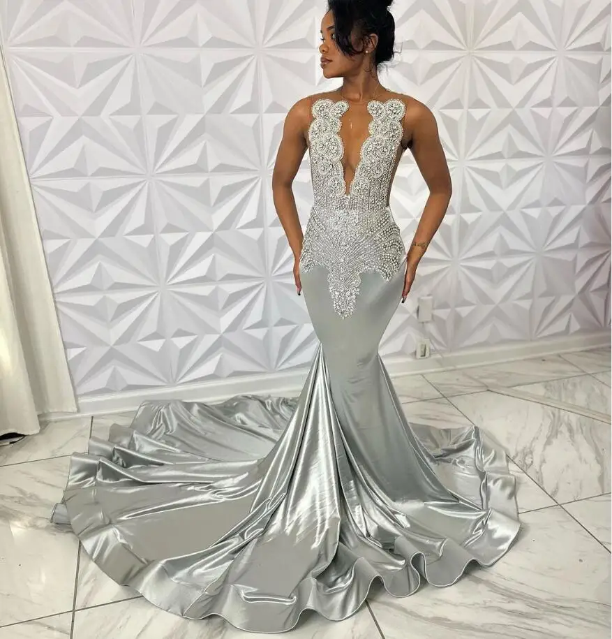 Silver Diamond Sparkly Long Prom Formal Dresses for Black Girl Luxury Crystal Gillter Mermaid Evening Gown