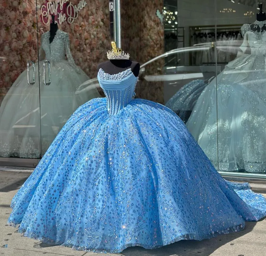 Ice Blue Sparkly Princess Quinceanera Dresses Boning Corset Pearls Beaded Gillter vestidos de 15 años quinceañeras 2024