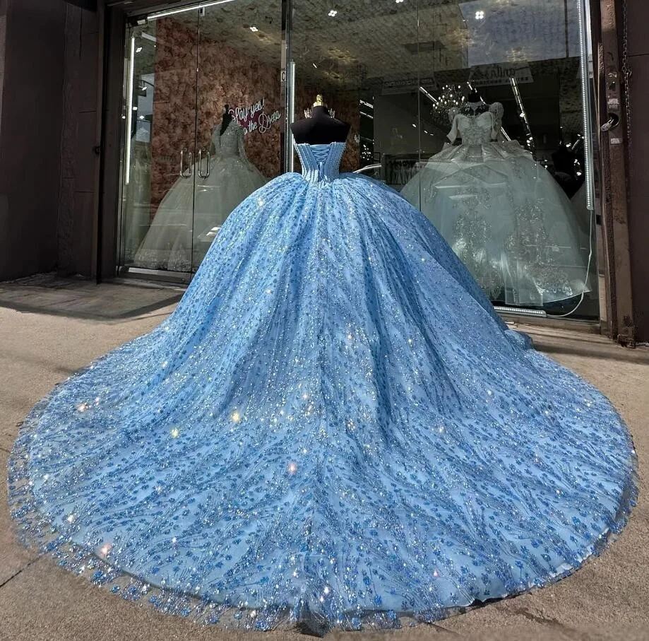 Ice Blue Sparkly Princess Quinceanera Dresses Boning Corset Pearls Beaded Gillter vestidos de 15 años quinceañeras 2024