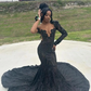 Sparkly Long Sleeve Evening Ceremony Dresses for Black Girl Luxury Diamond Crystal Gillter Trumpet Prom Birthday Gala Dress