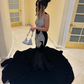 Sparkly Long Mermaid Prom Ceremony Dresses for Black Girl 2024 See Through Luxury Diamond Crystal Vevlet Evening Gala Gown