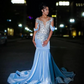 Ice Blue Sparkly Trumpet Long Prom Birthday Party Dresses for Black Girl Luxury Diamond Gillter Evening Gala Ceremony Dress