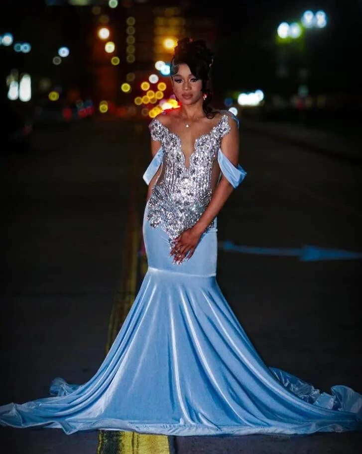 Ice Blue Sparkly Trumpet Long Prom Birthday Party Dresses for Black Girl Luxury Diamond Gillter Evening Gala Ceremony Dress