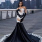 Black White Mermaid Long Evening Party Dresses Sexy See Through Luxury Applique Prom Birthday Dress with Gloves 2024 Velvet