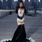 Black White Mermaid Long Evening Party Dresses Sexy See Through Luxury Applique Prom Birthday Dress with Gloves 2024 Velvet