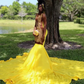 Yellow Sparkly Long Mermaid Evening Birthday Dresses for Black Girl Luxury Diamond Crystal Sheer Mesh Prom Gala Party Gown