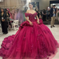 Fuchsia Pink Princess Quinceanera Dresses Off Shoudler Long Sleeve 3D Floral Crystal vestido de 15 quinceañeras 2024