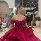 Fuchsia Pink Princess Quinceanera Dresses Off Shoudler Long Sleeve 3D Floral Crystal vestido de 15 quinceañeras 2024