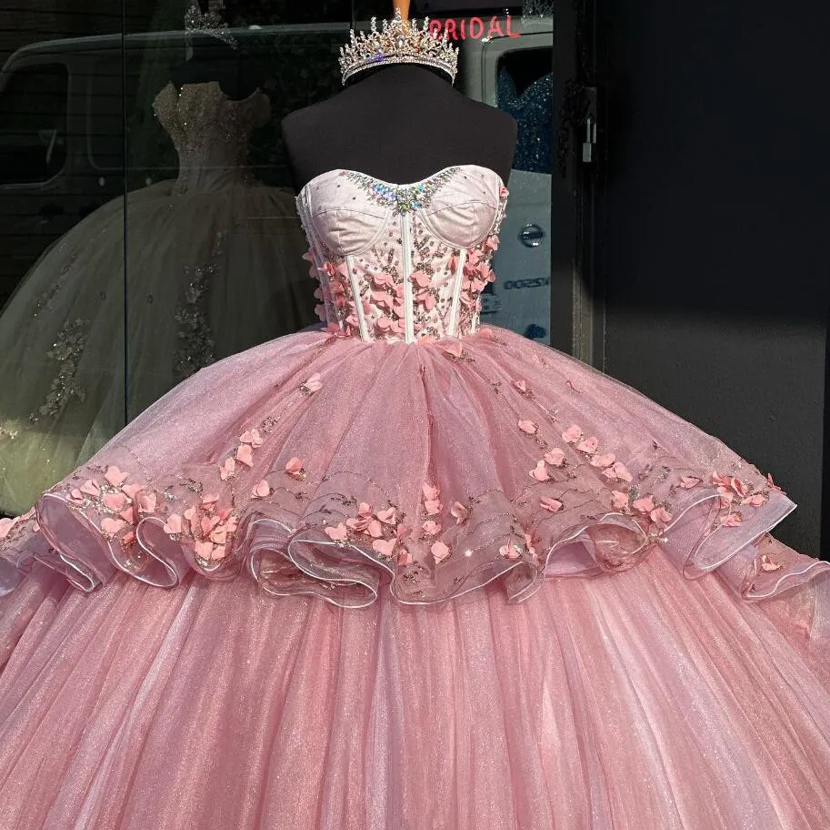 Blush Pink Princess Quinceanera Dresses 3D Floral Butterfly Boning Corset vestido de quinceañera 2024 Sweet 15 Prom Gown