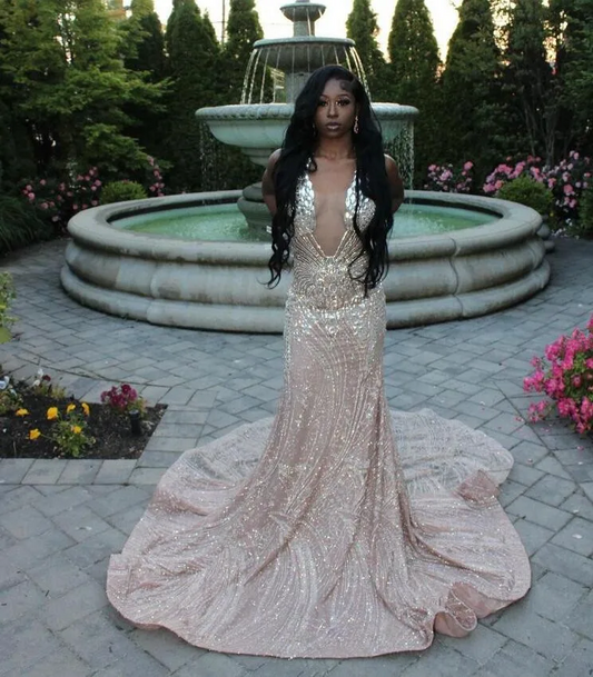 Silver Champagne Long Evening Party Dresses for Women Sparkly Diamond Crystal Black Girl Prom Birthday Formal Dress
